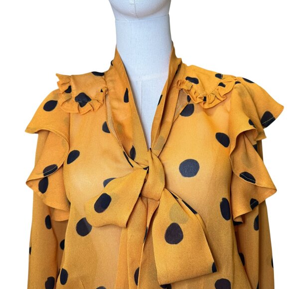Farm Rio XS Mustard Yellow Polka Dot Ruffle Sheer Blouse NWT - Picture 2 of 11